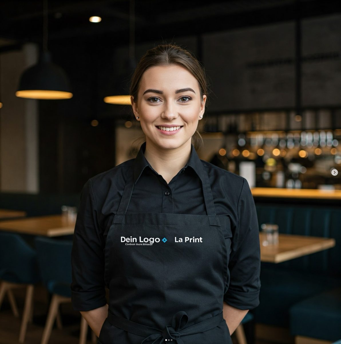Mitarbeiterin in schwarzer Schürze mit Logo in einem Restaurant